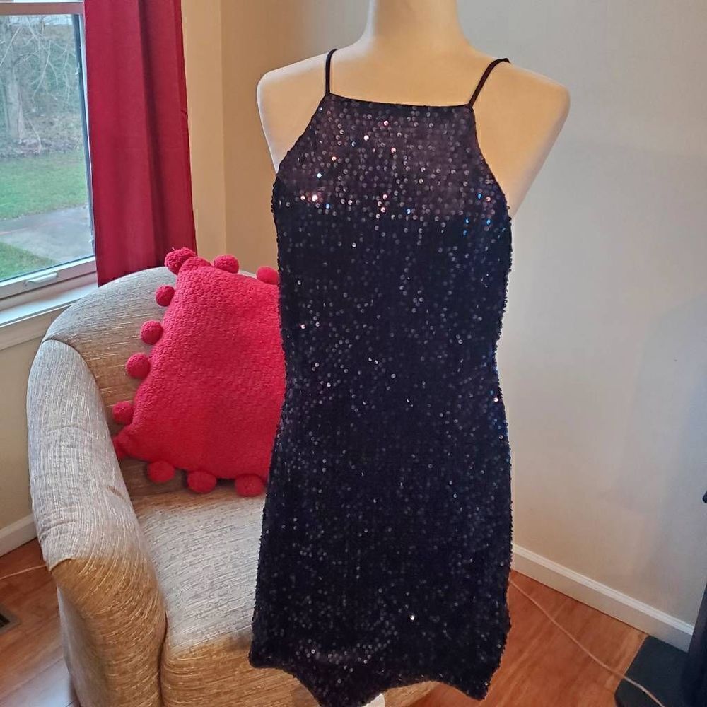 Express. Black, Velvet, Sequin, Open Back, Mini Dress. Size Large